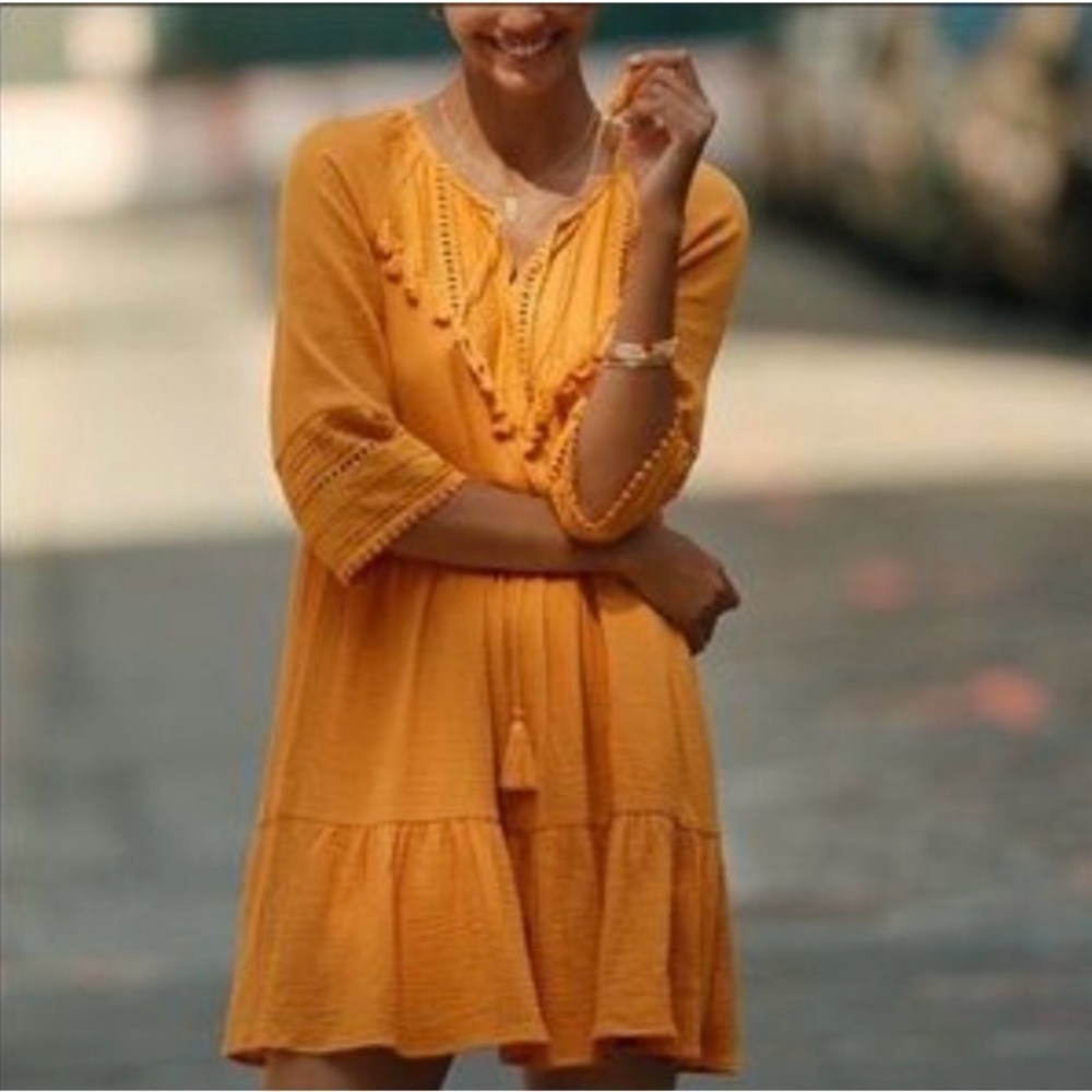Anthropologie Eri + Ali Yellow Ruffled Tiered Angelica Tunic Sundress SZ XS